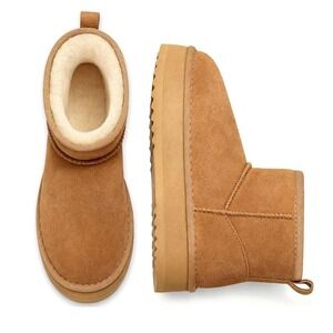 Shibever Platform Mini Boots Chestnut Suede Faux Fur Lined Tan Boots Women 9 NWT